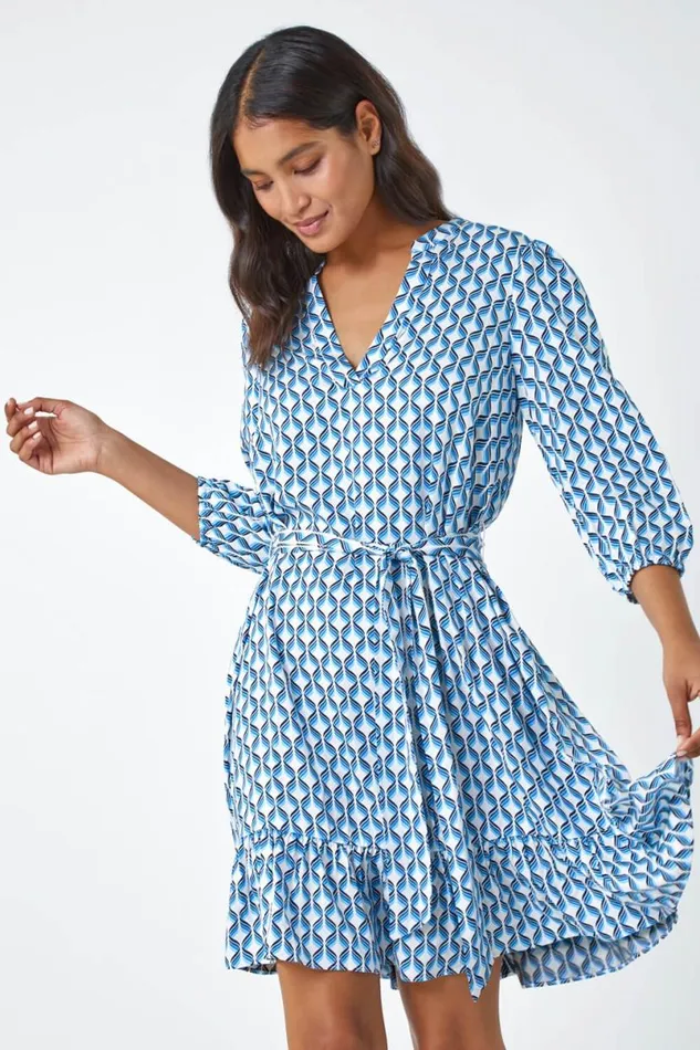 Blue Geometric Print Frill Hem Dress Women Roman Dresses