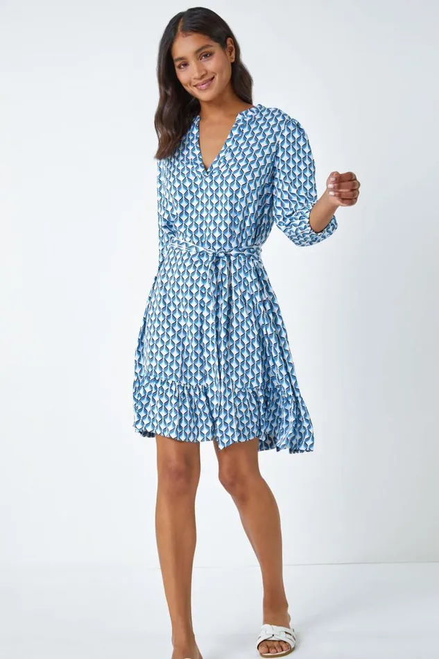 Blue Geometric Print Frill Hem Dress Women Roman Dresses