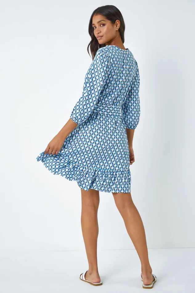 Blue Geometric Print Frill Hem Dress Women Roman Dresses
