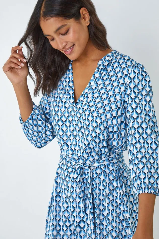 Blue Geometric Print Frill Hem Dress Women Roman Dresses