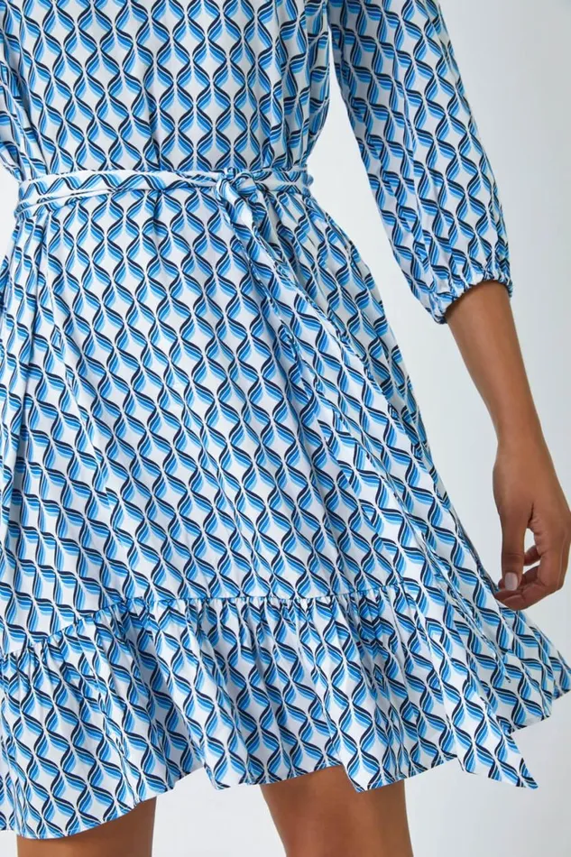 Blue Geometric Print Frill Hem Dress Women Roman Dresses