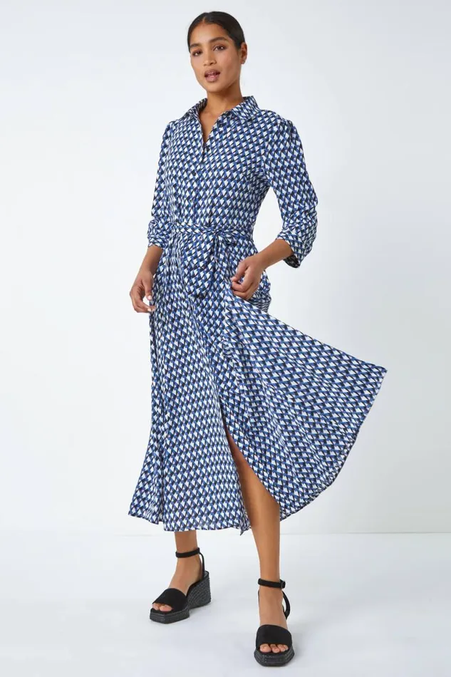 Blue Geometric Print Tie Waist Midi Shirt Dress Women Roman Dresses