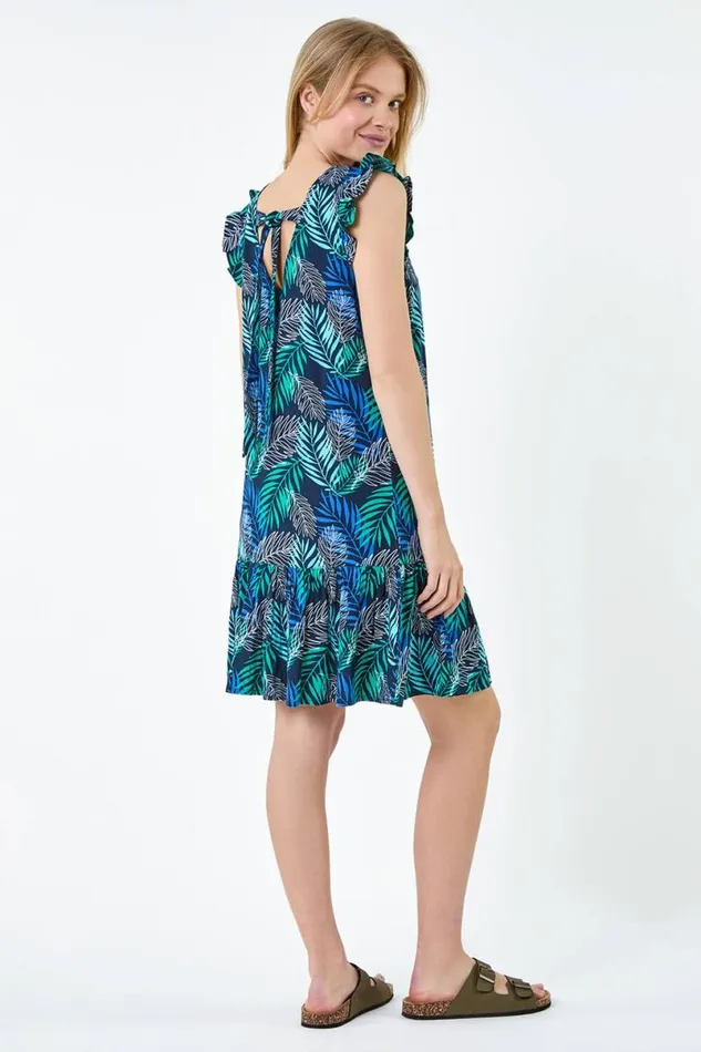 Blue Leaf Print Linen Blend Frill Detail Dress Women Roman Dresses
