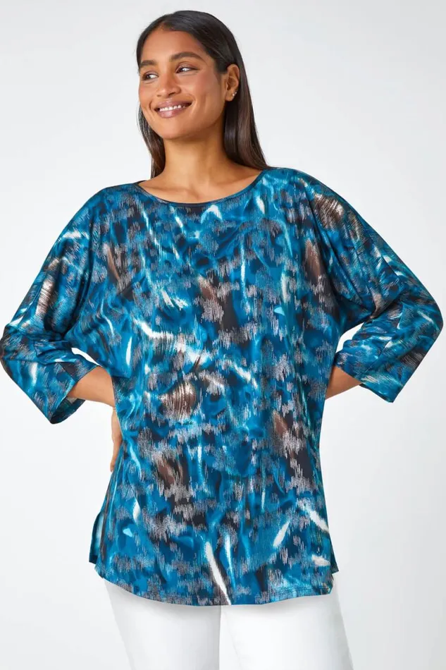 Blue Metallic Abstract Print Oversized Tunic TShirt Women Roman Tops