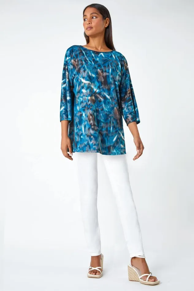 Blue Metallic Abstract Print Oversized Tunic TShirt Women Roman Tops