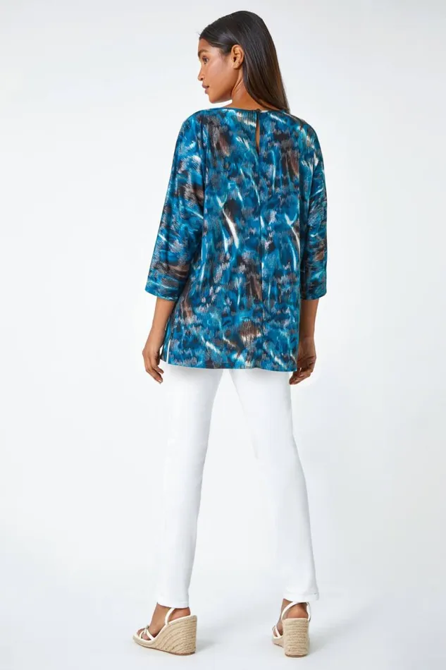 Blue Metallic Abstract Print Oversized Tunic TShirt Women Roman Tops