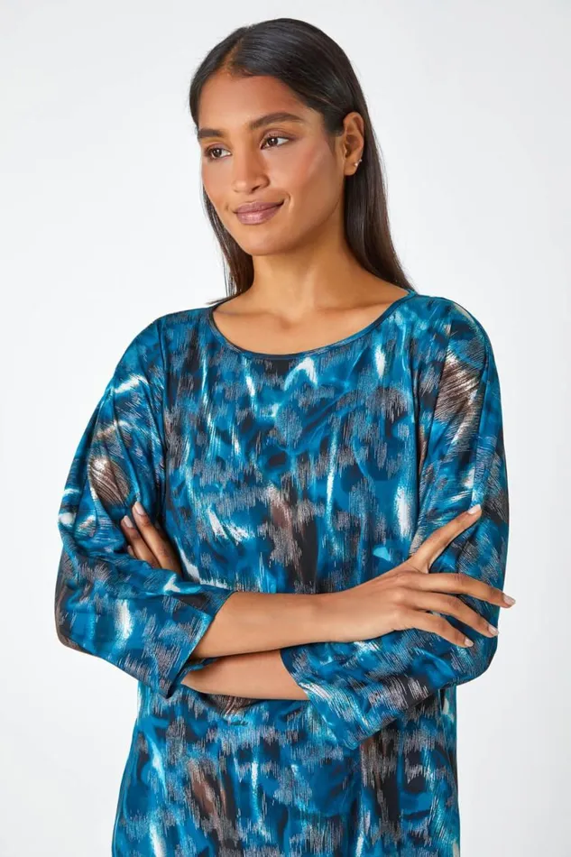 Blue Metallic Abstract Print Oversized Tunic TShirt Women Roman Tops