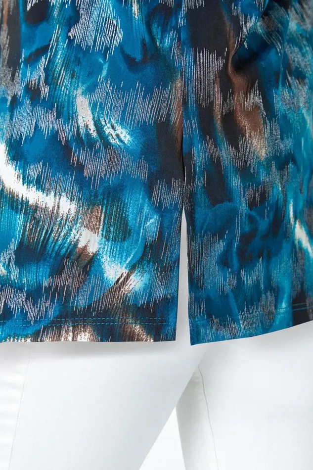 Blue Metallic Abstract Print Oversized Tunic TShirt Women Roman Tops