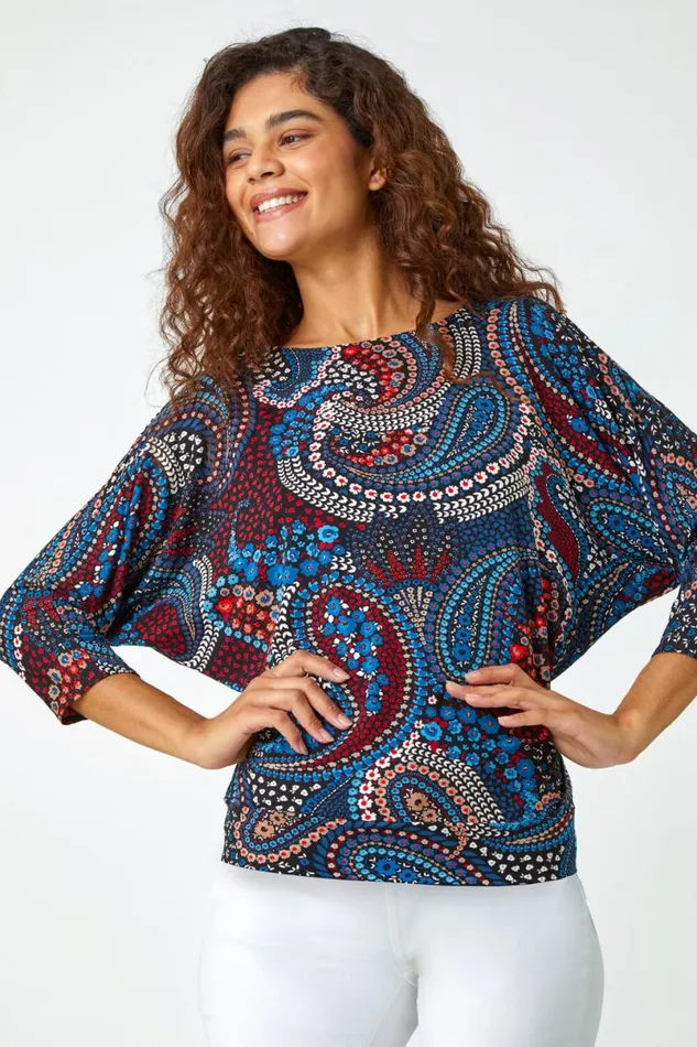 Blue Paisley Floral Stretch Blouson Top Women Roman Tops