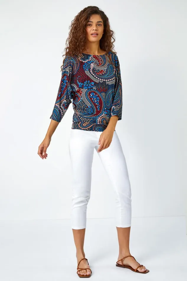 Blue Paisley Floral Stretch Blouson Top Women Roman Tops