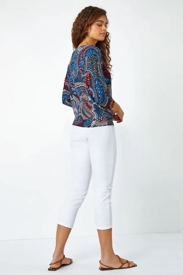 Blue Paisley Floral Stretch Blouson Top Women Roman Tops