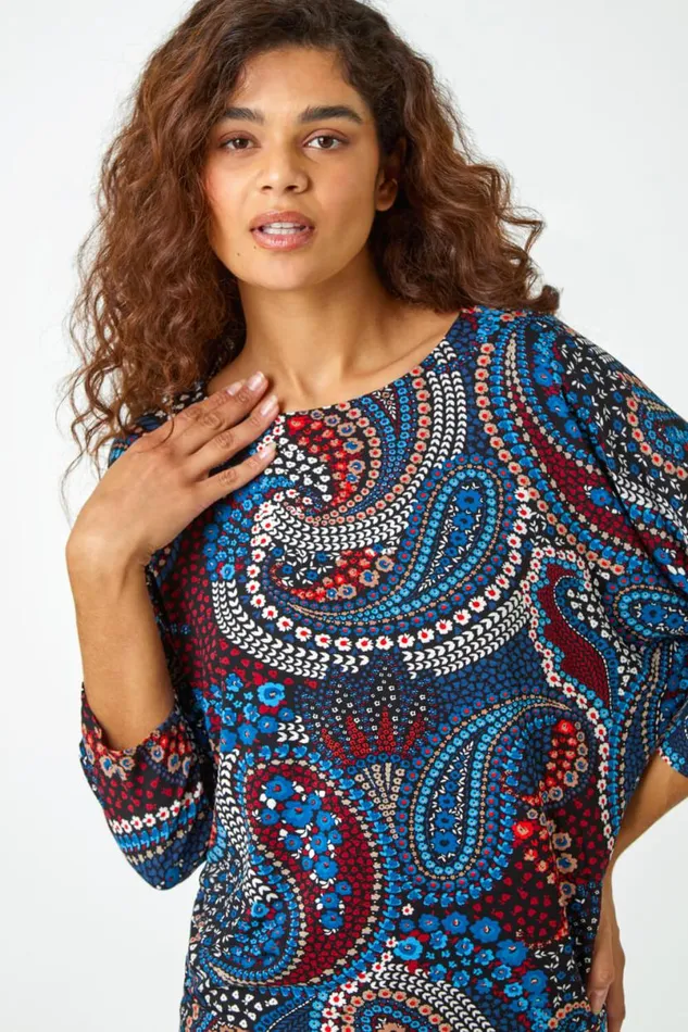 Blue Paisley Floral Stretch Blouson Top Women Roman Tops