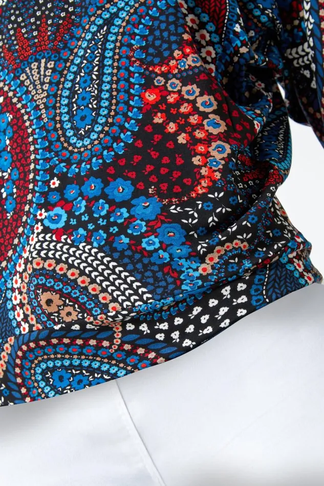 Blue Paisley Floral Stretch Blouson Top Women Roman Tops