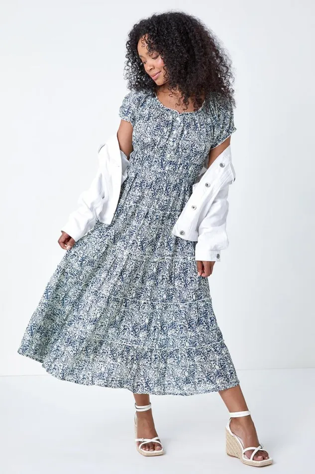 Blue Petite Abstract Puff Sleeve Cotton Dress Women Roman Dresses