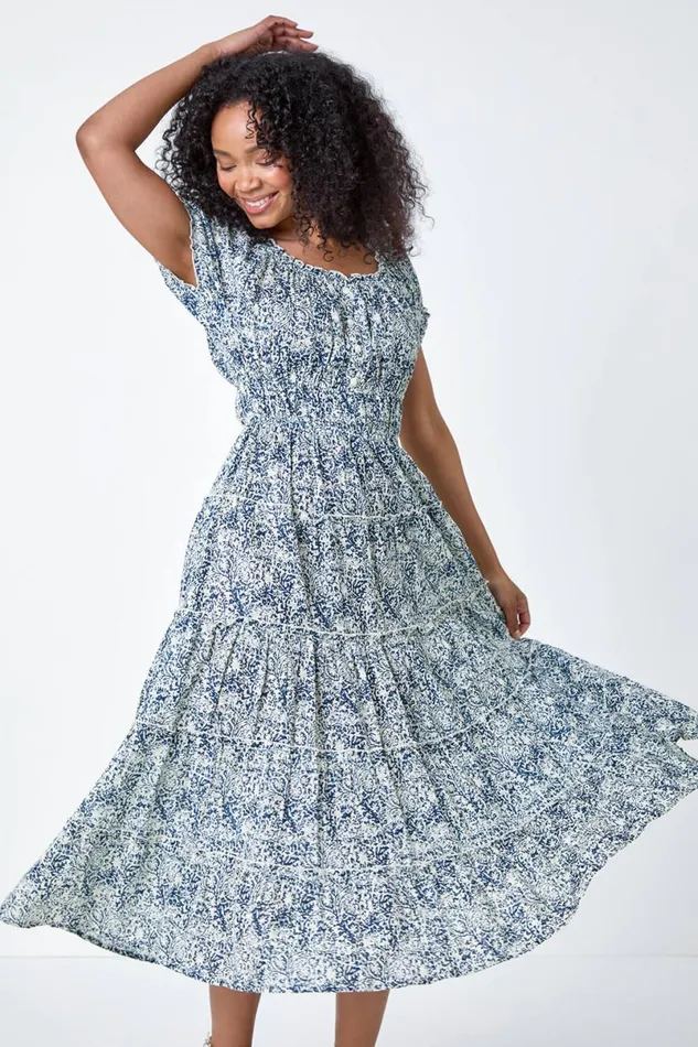 Blue Petite Abstract Puff Sleeve Cotton Dress Women Roman Dresses