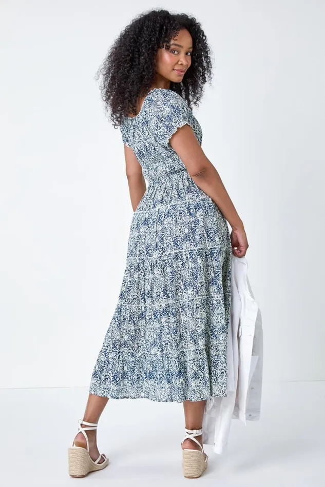 Blue Petite Abstract Puff Sleeve Cotton Dress Women Roman Dresses