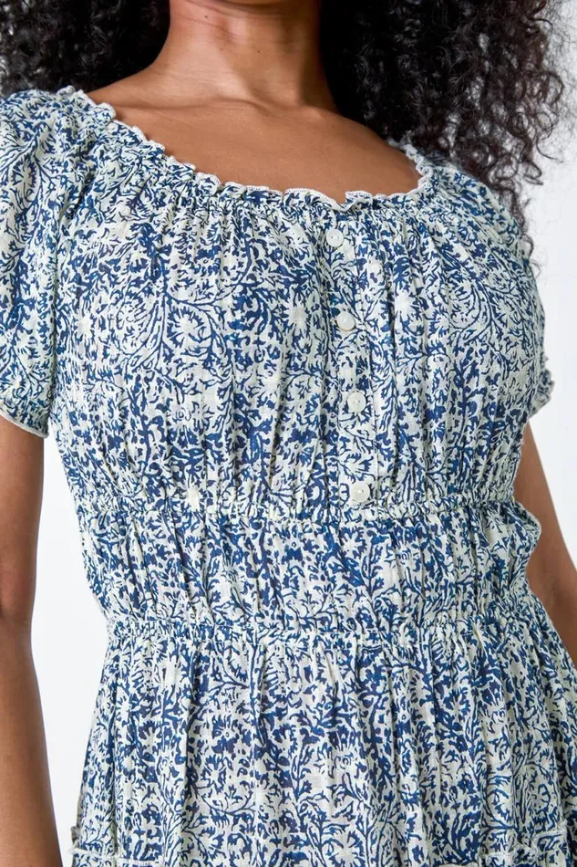 Blue Petite Abstract Puff Sleeve Cotton Dress Women Roman Dresses