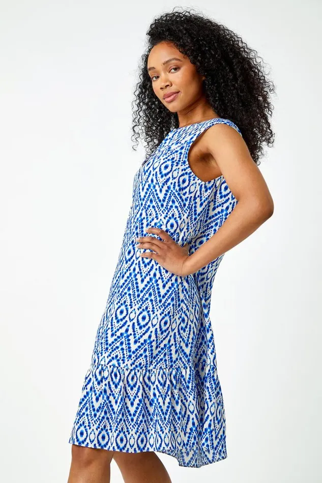 Blue Petite Aztec Print Frill Hem Dress Women Roman Dresses