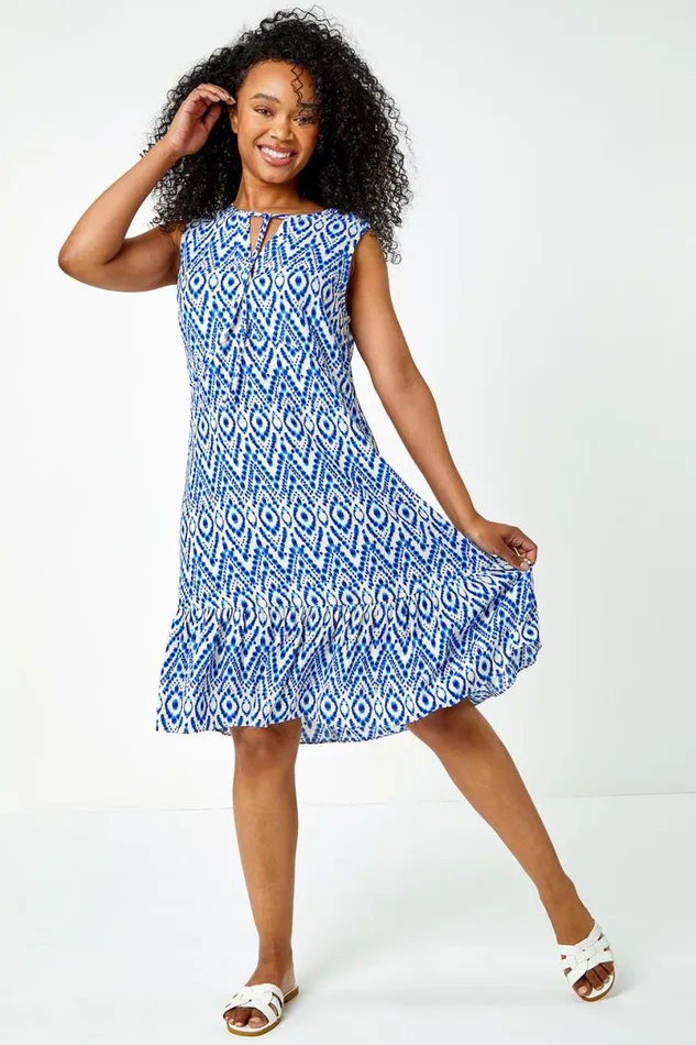 Blue Petite Aztec Print Frill Hem Dress Women Roman Dresses