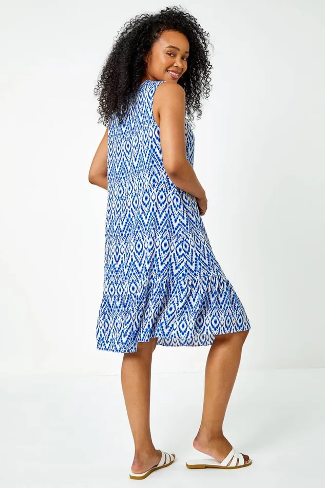 Blue Petite Aztec Print Frill Hem Dress Women Roman Dresses