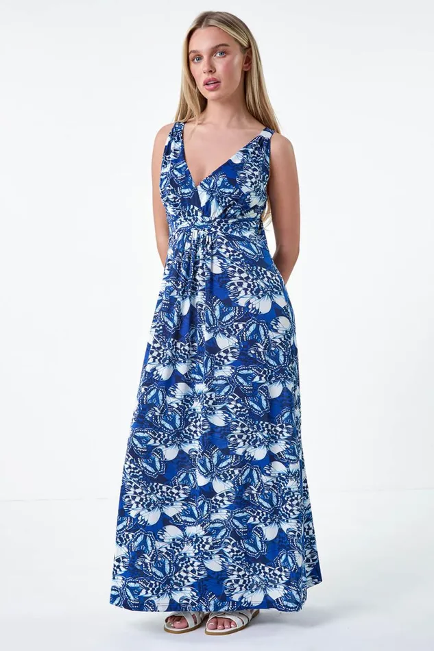 Blue Petite Butterfly Print Stretch Maxi Dress Women Roman Dresses