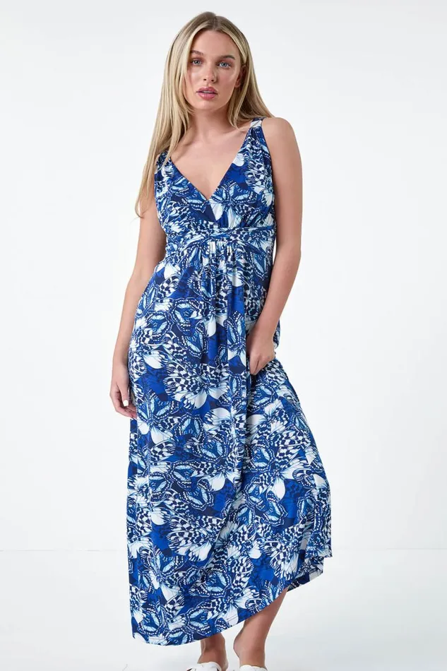 Blue Petite Butterfly Print Stretch Maxi Dress Women Roman Dresses