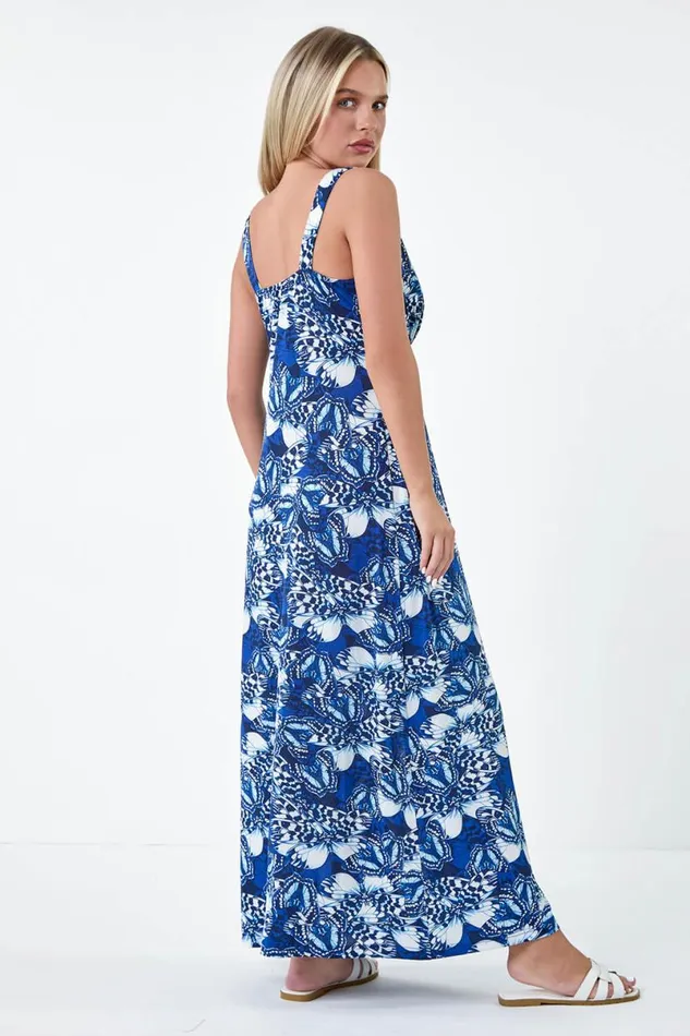 Blue Petite Butterfly Print Stretch Maxi Dress Women Roman Dresses