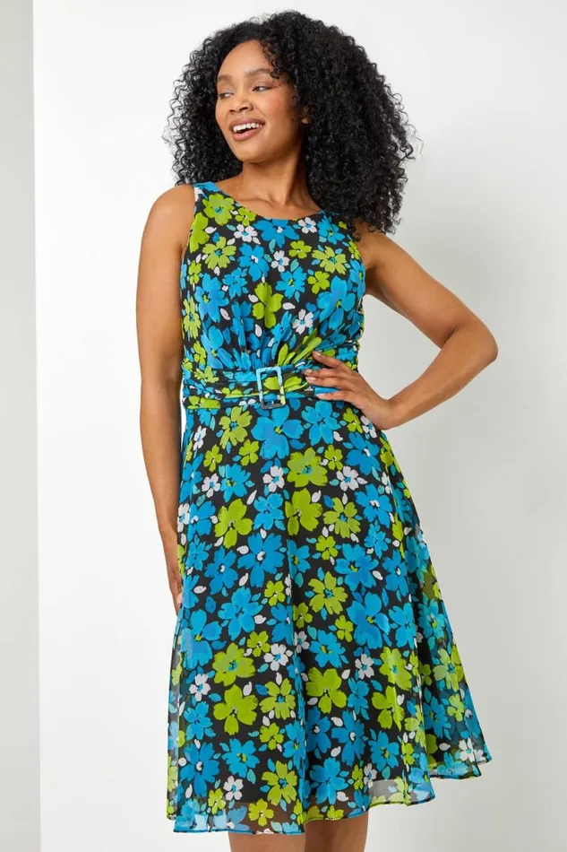 Blue Petite Floral Buckle Detail Chiffon Dress Women Roman Dresses