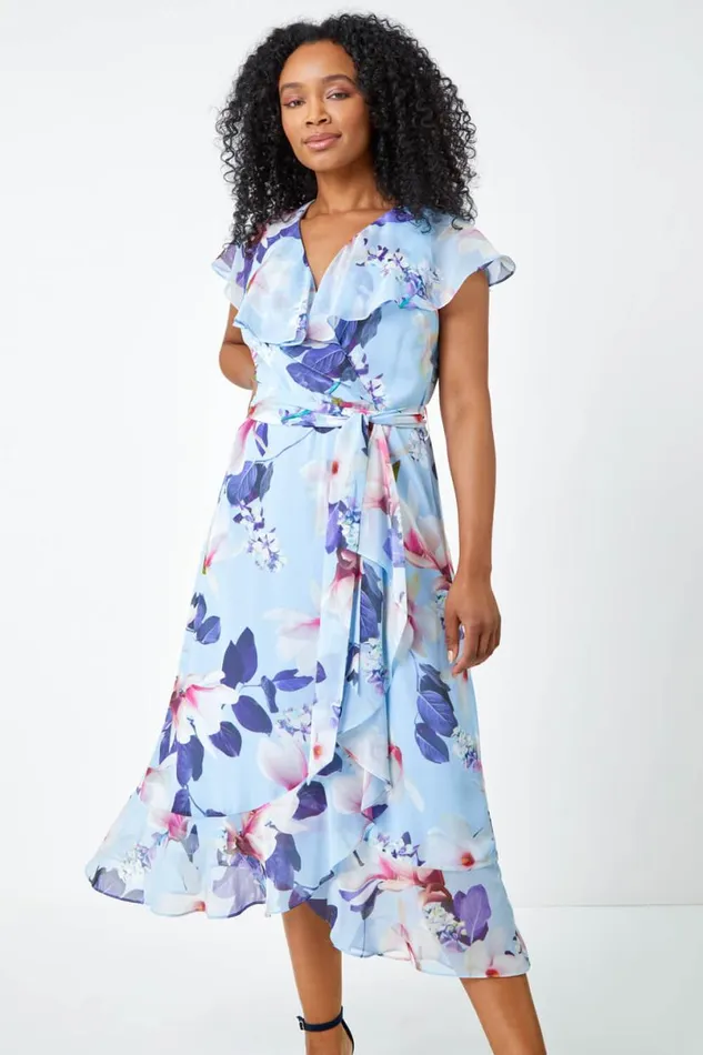 Blue Petite Floral Frill Hem Chiffon Dress Women Roman Dresses