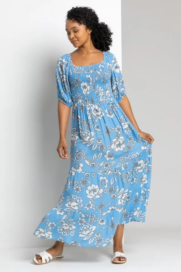 Blue Petite Floral Print Shirred Bodice Maxi Dress Women Roman Dresses