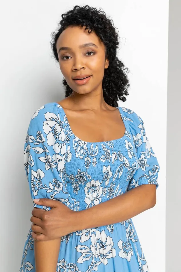 Blue Petite Floral Print Shirred Bodice Maxi Dress Women Roman Dresses