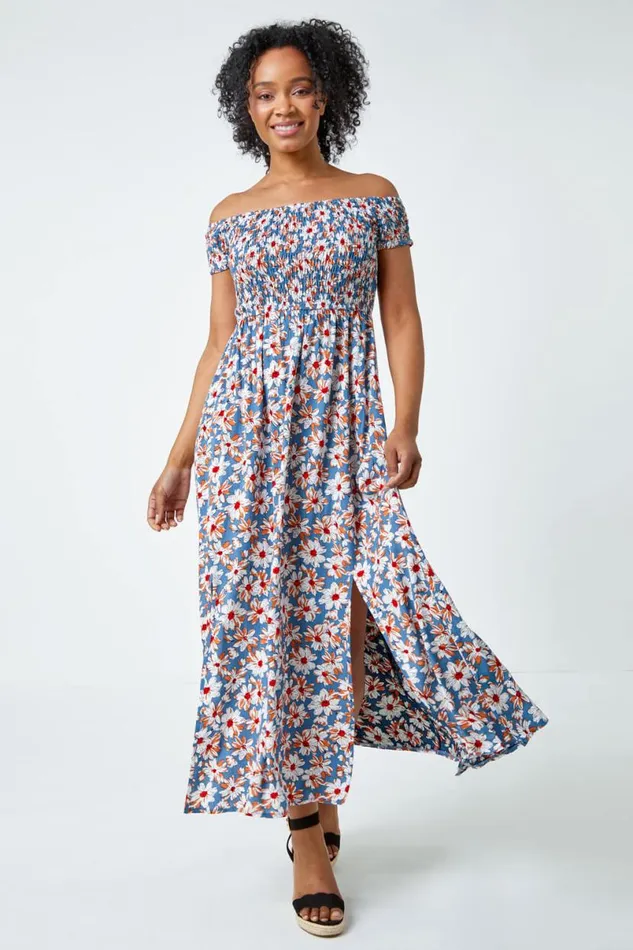 Blue Petite Floral Shirred Bardot Maxi Dress Women Roman Dresses