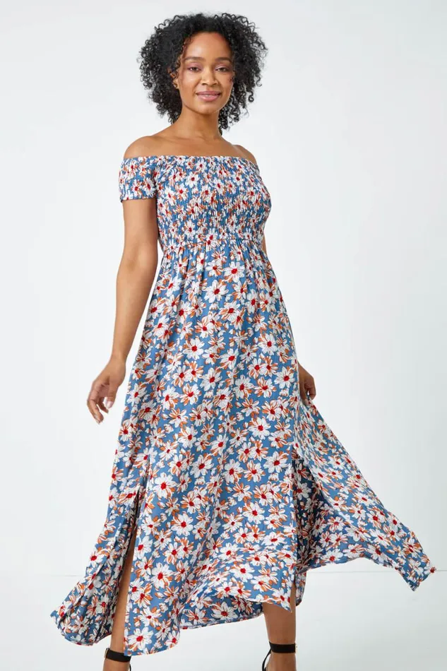 Blue Petite Floral Shirred Bardot Maxi Dress Women Roman Dresses