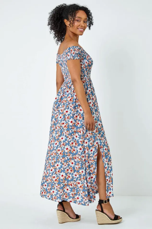 Blue Petite Floral Shirred Bardot Maxi Dress Women Roman Dresses