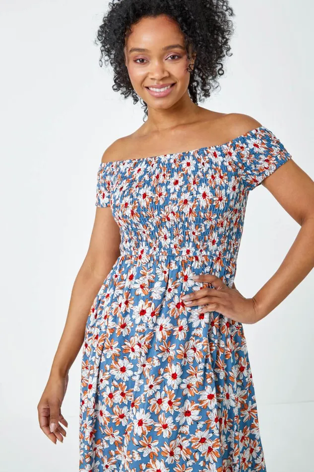 Blue Petite Floral Shirred Bardot Maxi Dress Women Roman Dresses