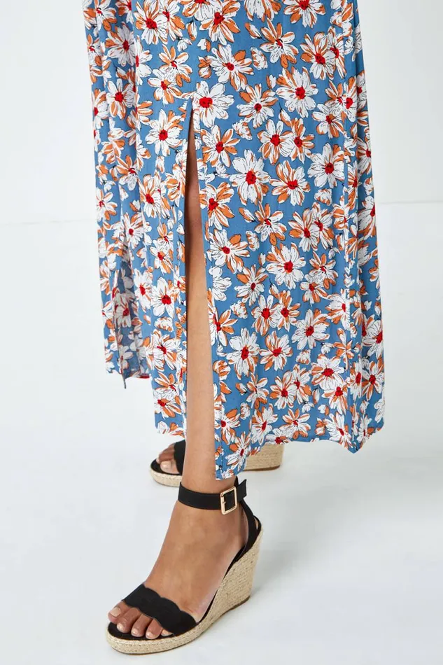 Blue Petite Floral Shirred Bardot Maxi Dress Women Roman Dresses