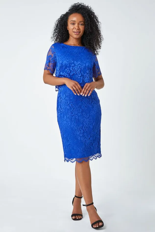 Blue Petite Lace Overlay Stretch Dress Women Roman Dresses