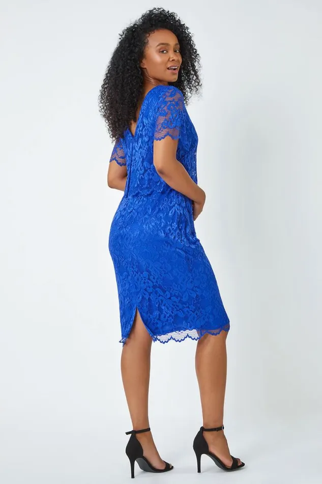 Blue Petite Lace Overlay Stretch Dress Women Roman Dresses