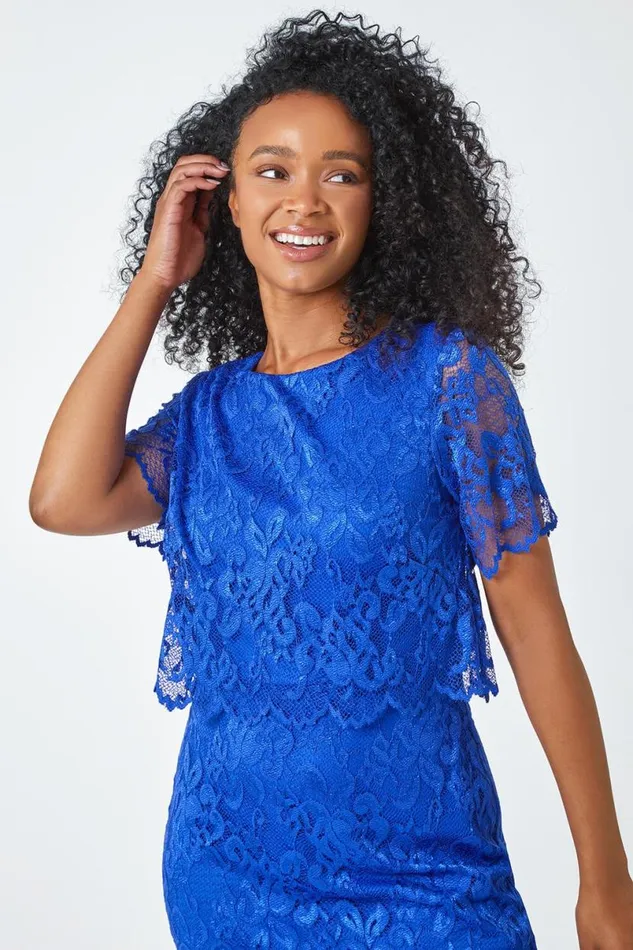 Blue Petite Lace Overlay Stretch Dress Women Roman Dresses