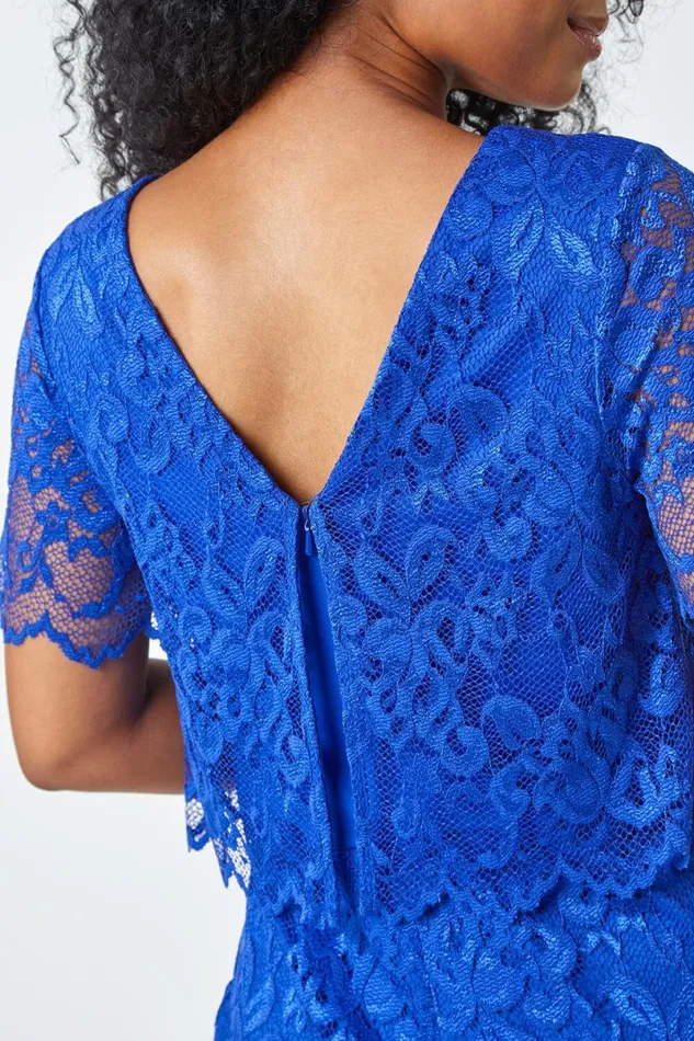 Blue Petite Lace Overlay Stretch Dress Women Roman Dresses