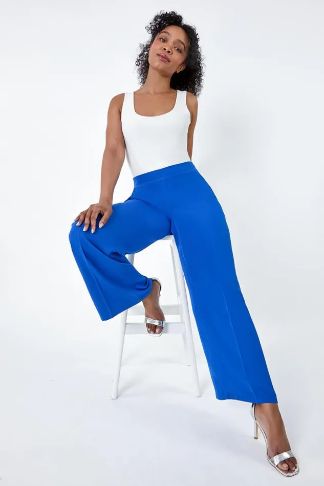 Blue Petite Pocket Elastic Waist Wide Leg Trousers Women Roman Occasionwear