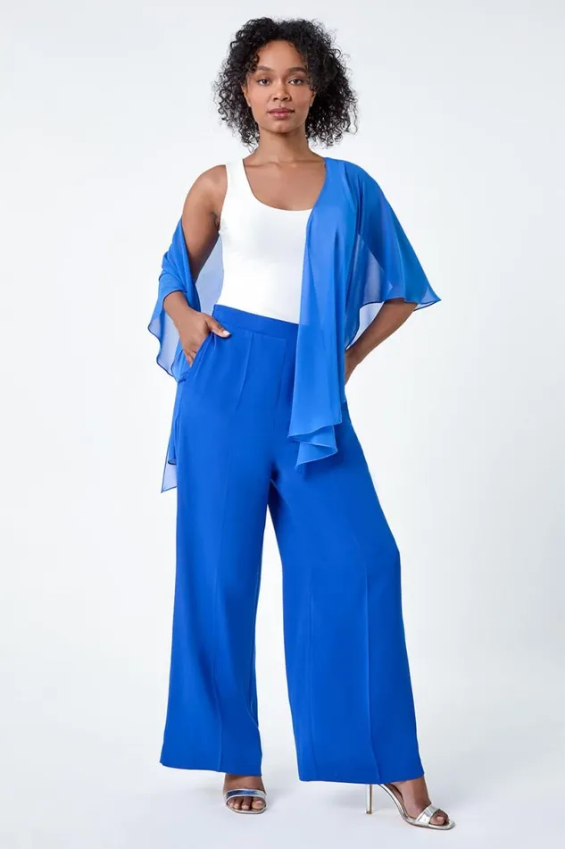 Blue Petite Pocket Elastic Waist Wide Leg Trousers Women Roman Occasionwear