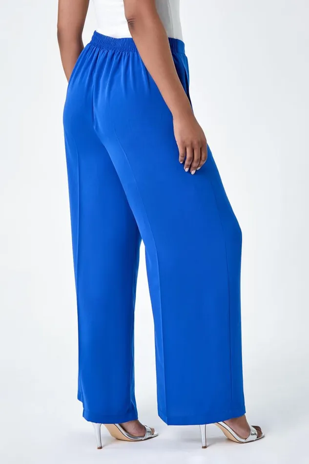 Blue Petite Pocket Elastic Waist Wide Leg Trousers Women Roman Occasionwear