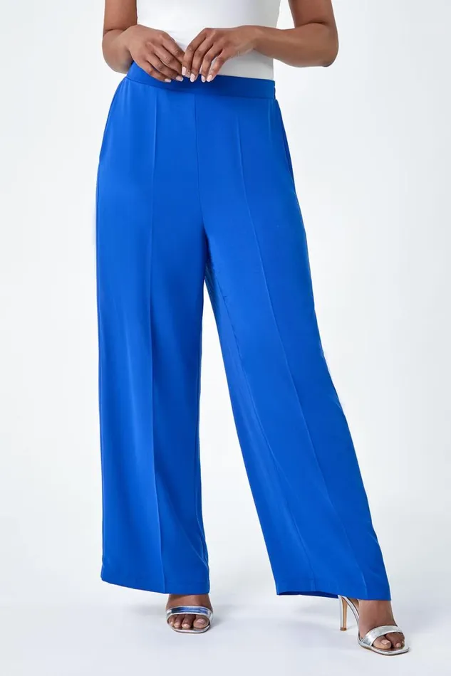Blue Petite Pocket Elastic Waist Wide Leg Trousers Women Roman Occasionwear