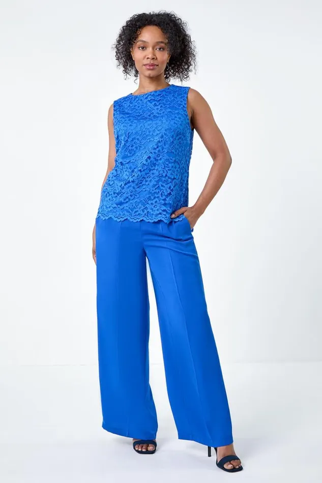 Blue Petite Pocket Elastic Waist Wide Leg Trousers Women Roman Occasionwear