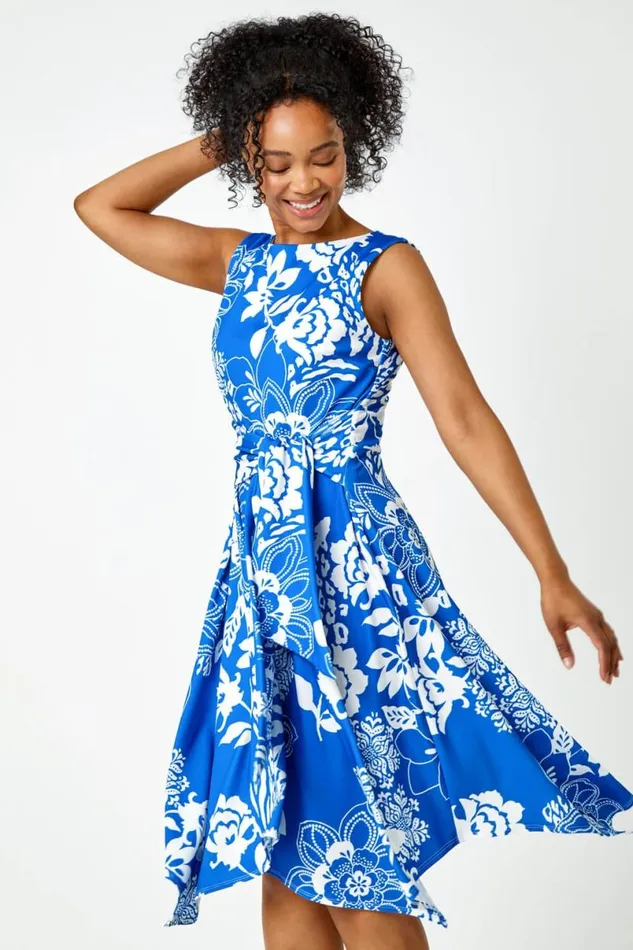 Blue Petite Tie Waist Floral Stretch Dress Women Roman Dresses