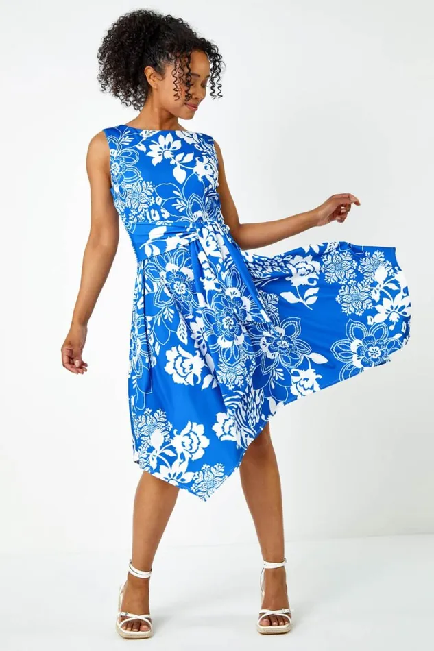 Blue Petite Tie Waist Floral Stretch Dress Women Roman Dresses