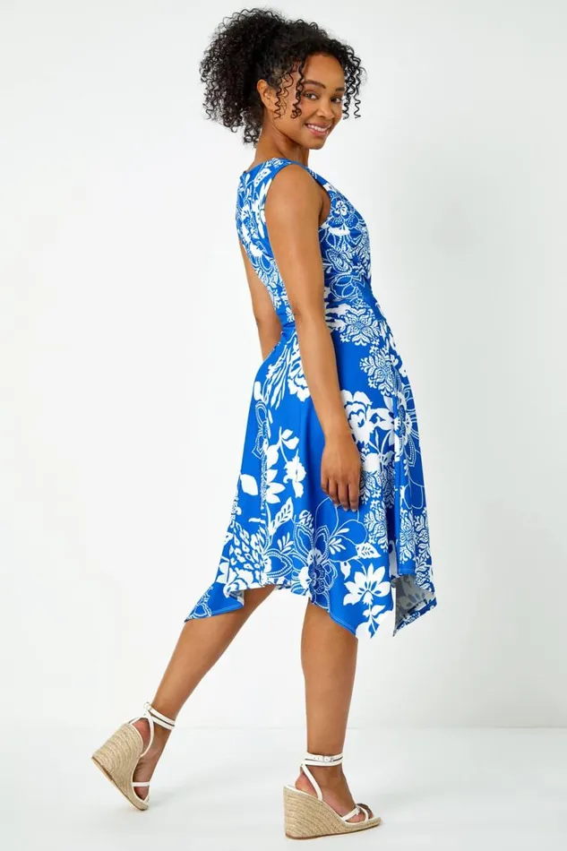Blue Petite Tie Waist Floral Stretch Dress Women Roman Dresses