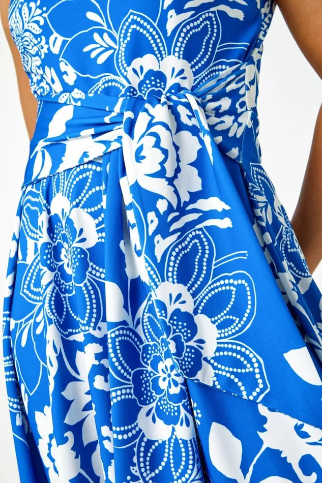 Blue Petite Tie Waist Floral Stretch Dress Women Roman Dresses
