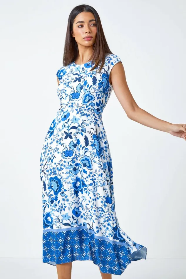 Blue Sleeveless Floral Border Print Midi Dress Women Roman Dresses